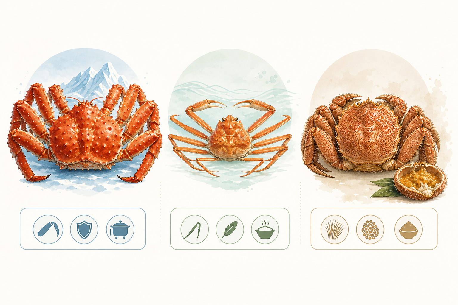An informative infographic or illustration showing the three main types of crabs: Taraba crab (large