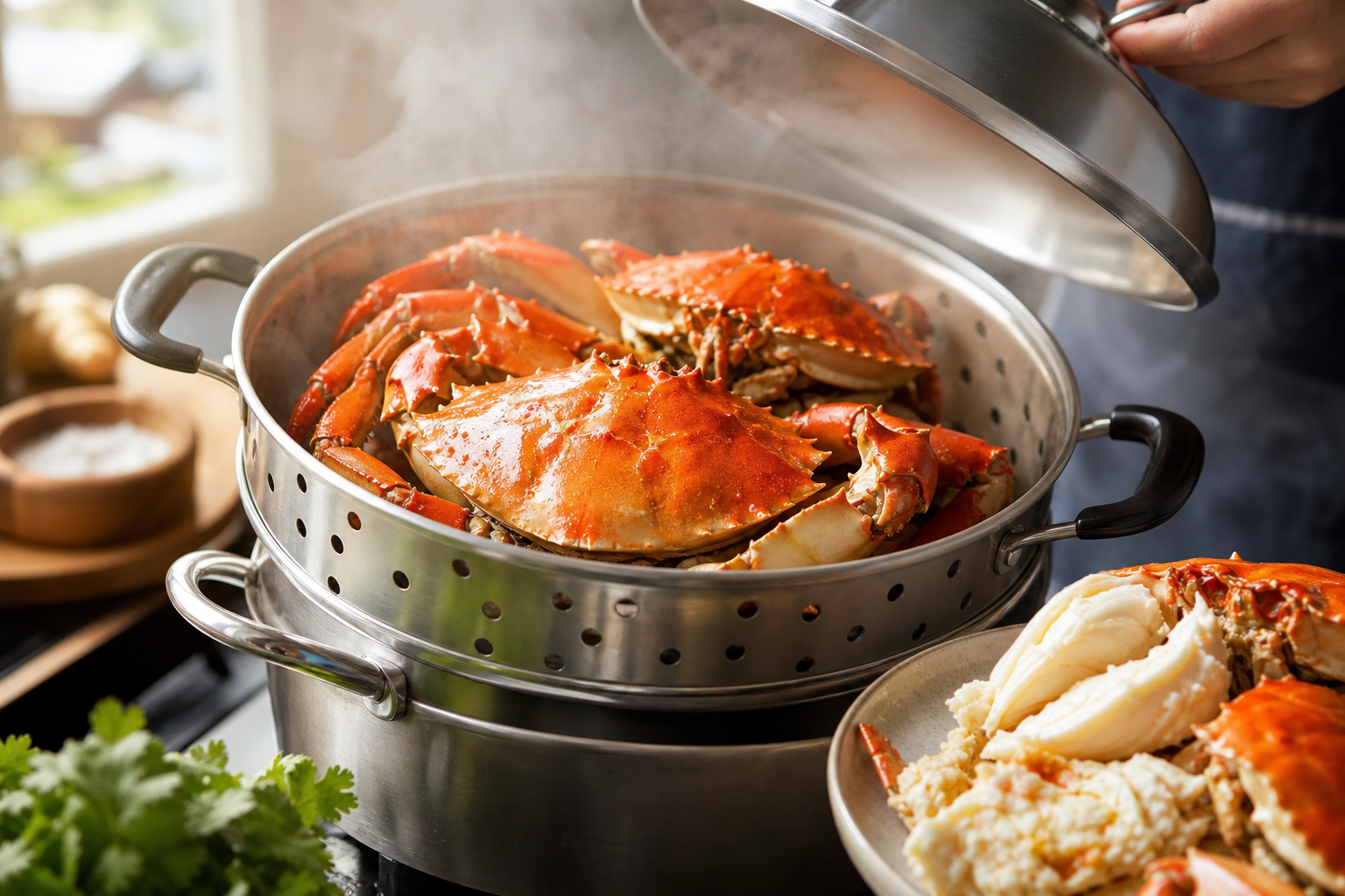 A professional kitchen scene showing a person gently steaming crab in a steamer over a pot, showcasi