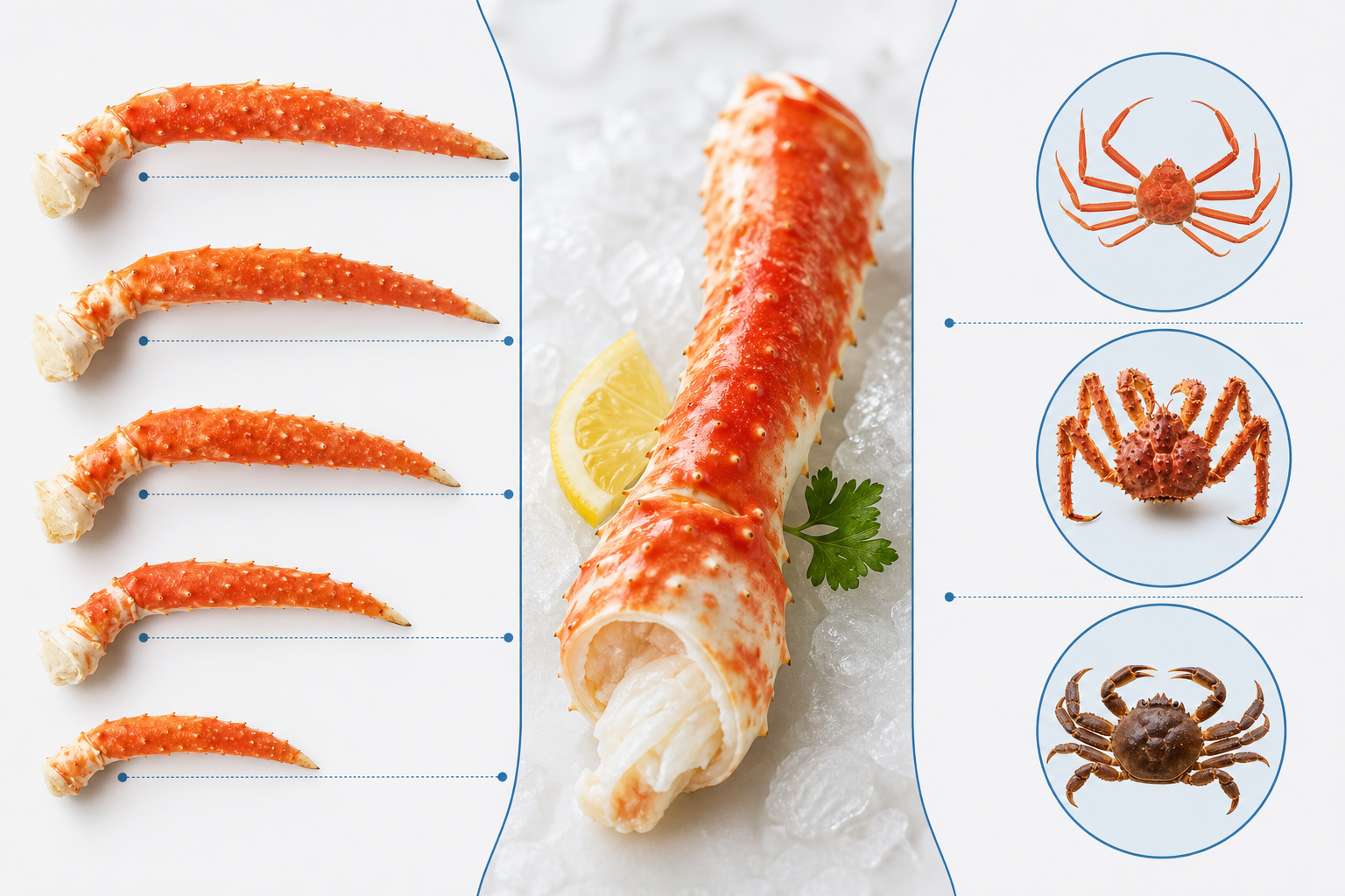 An informative infographic style illustration comparing different sizes of crab legs side-by-side, l