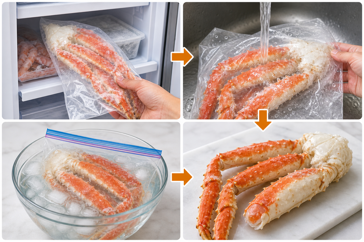 A step-by-step visual guide (four-panel layout) for the correct thawing process of frozen crab legs.