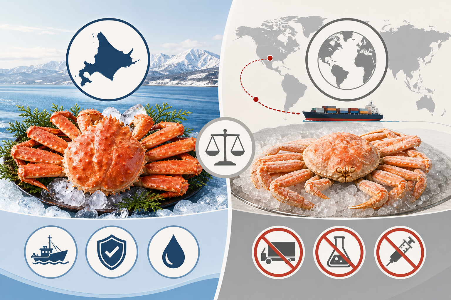 An infographic illustration comparing 'Hokkaido-caught crab' versus 'Imported crab', highlighting th