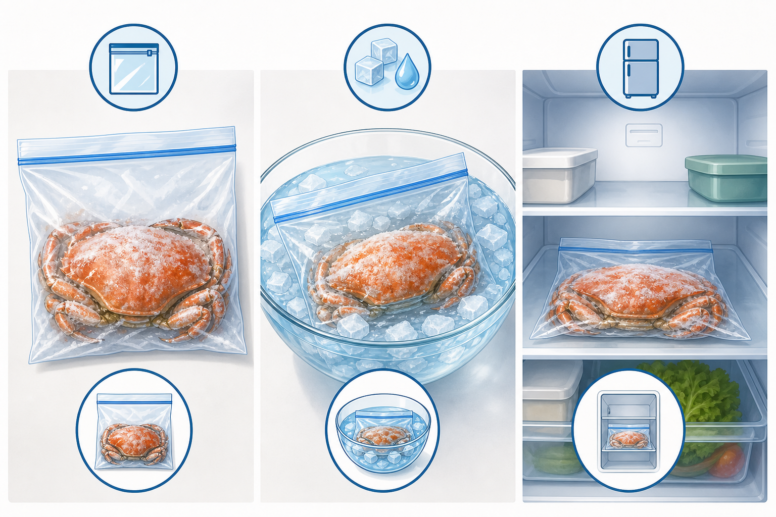 A clear, step-by-step educational diagram showing the proper method for thawing frozen crab: 1. Plac