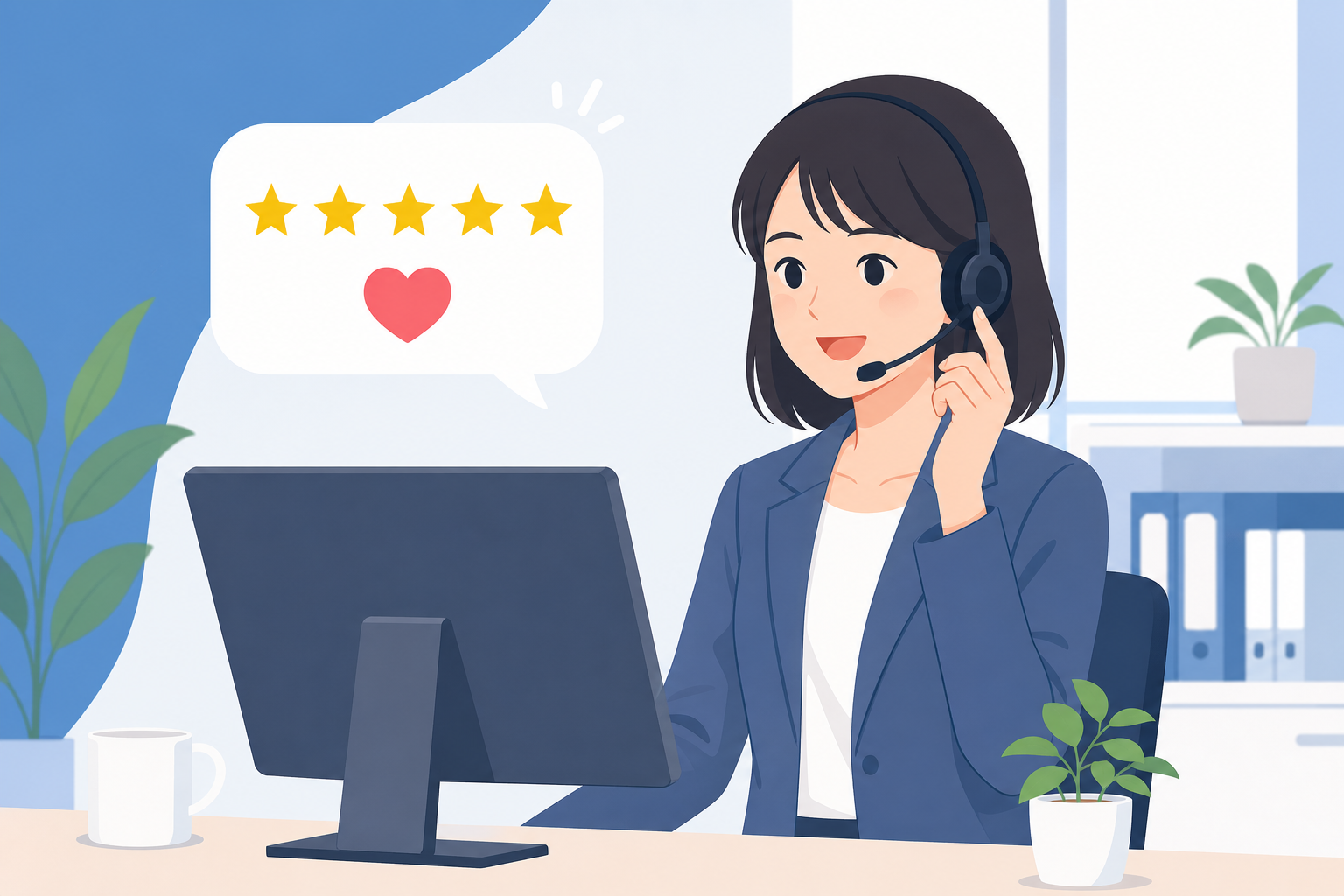 An illustration showing a friendly, professional Japanese customer service representative talking on