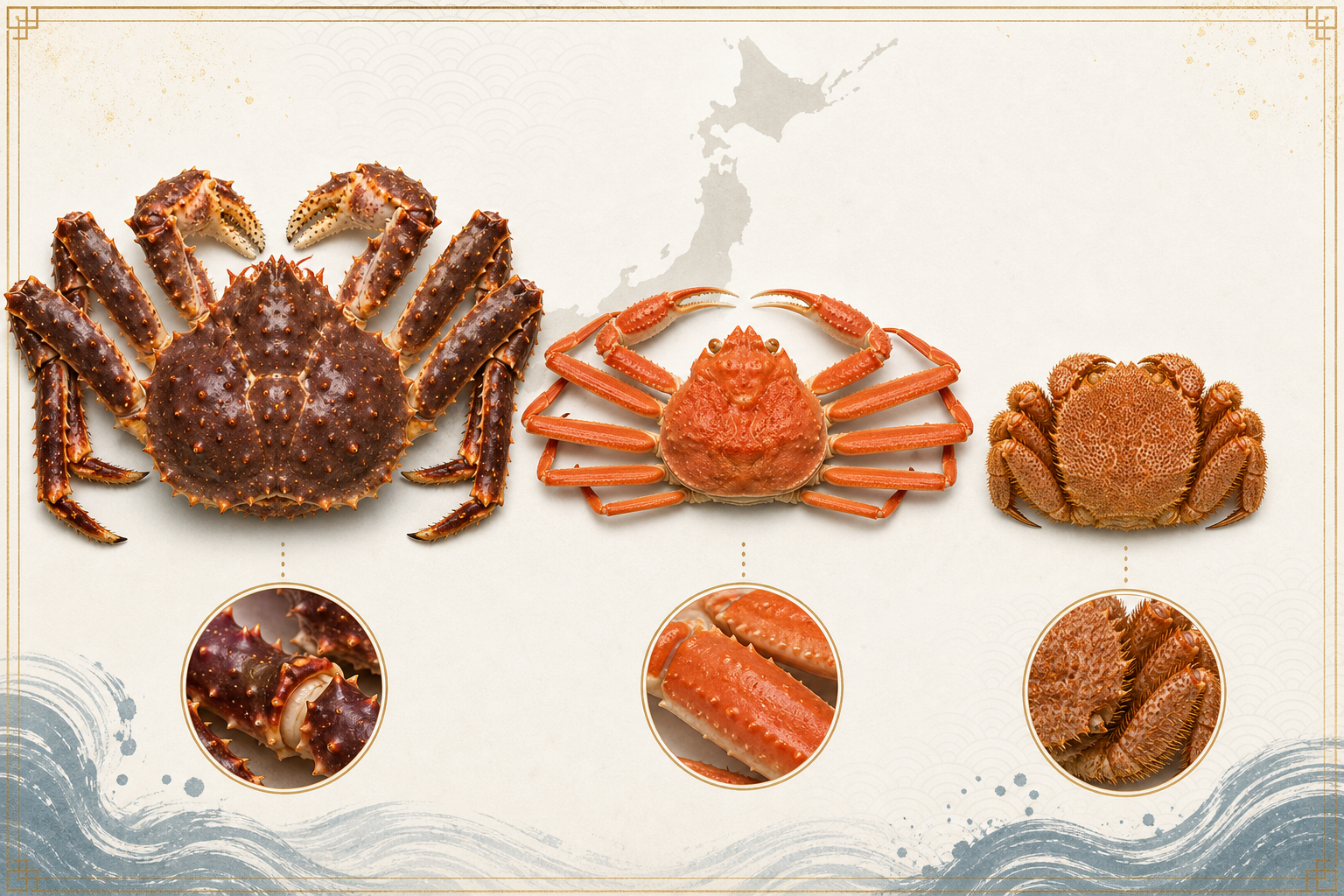 An informative infographic showing different types of Japanese crabs side by side: Taraba-gani (King