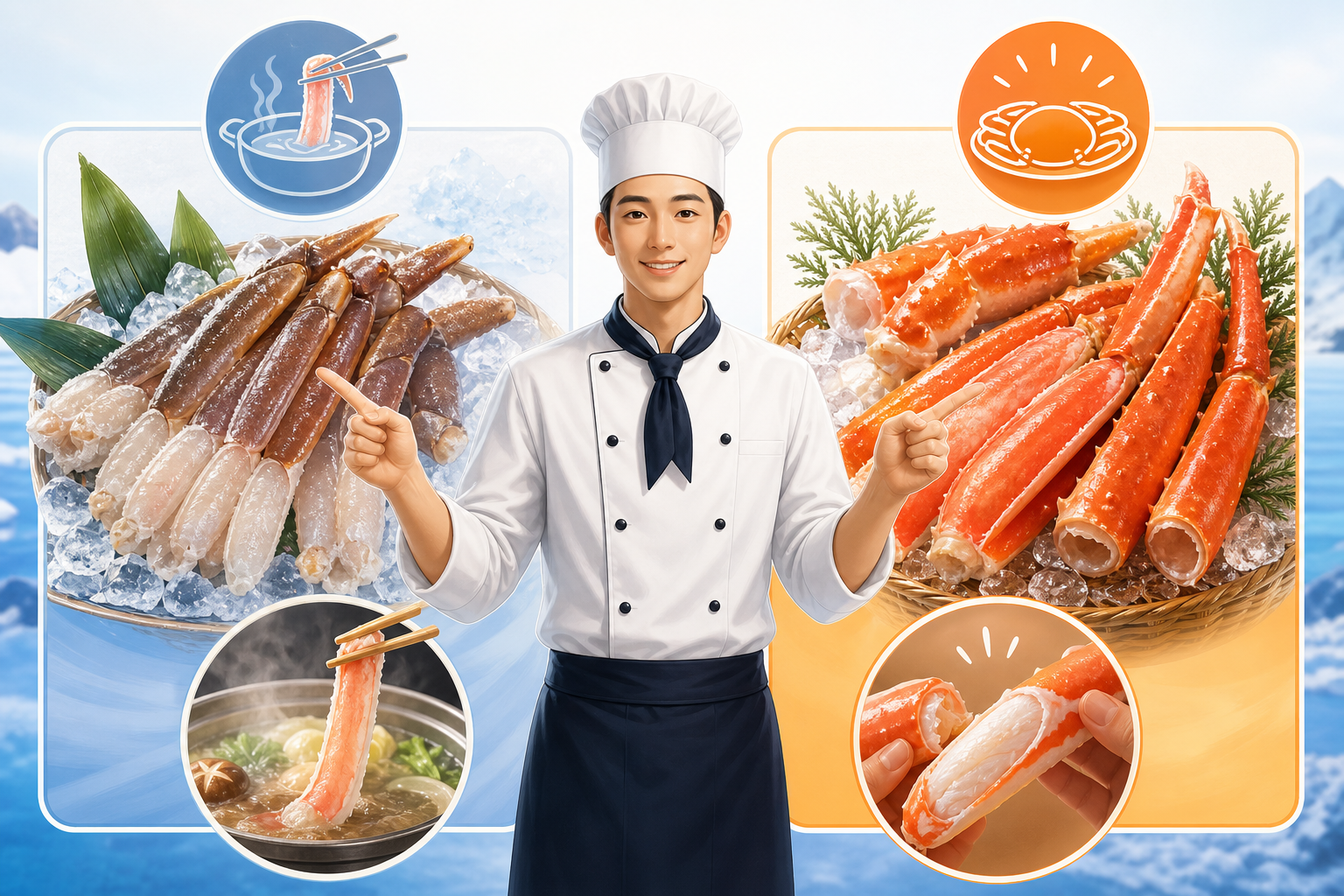 A clear, comparative visual aid showing different types of crab products: 'Raw Frozen' vs 'Boiled Fr