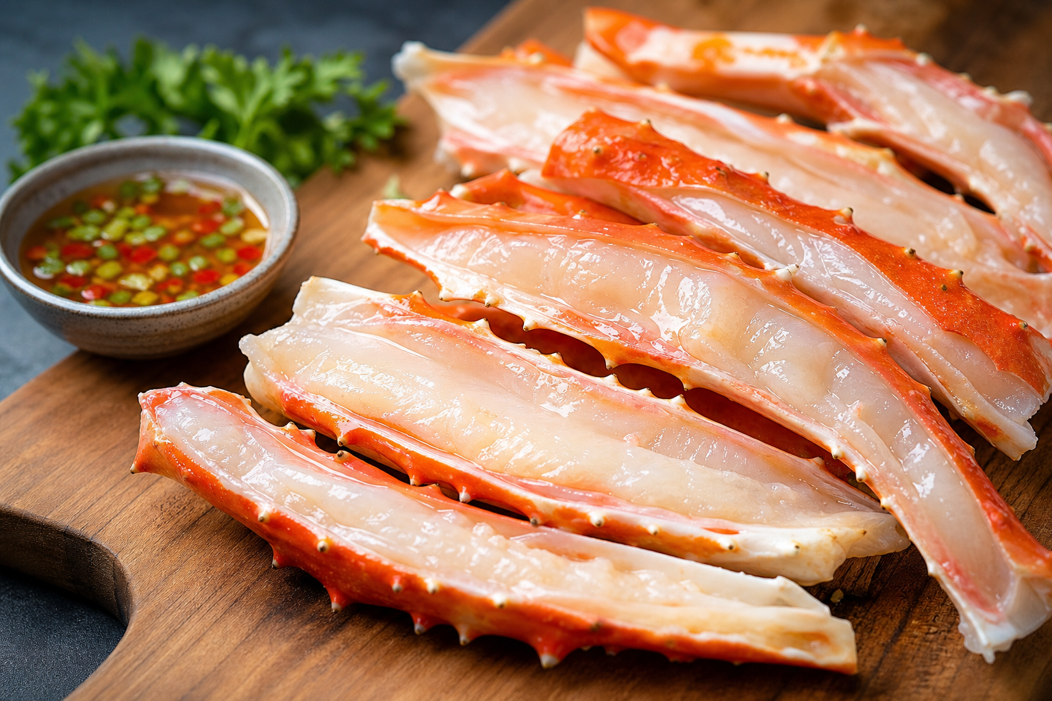 A close-up, high-quality photograph of raw crab legs that have been neatly prepared as 'half-shells'