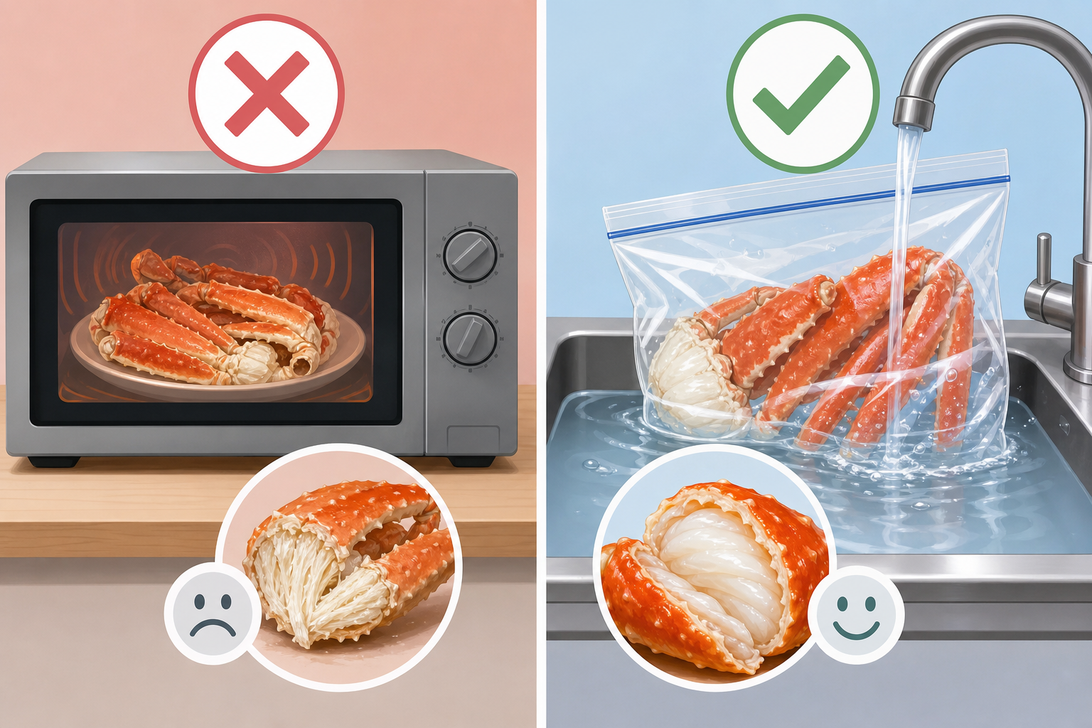 An educational infographic style image showing the correct vs. incorrect way to thaw frozen crab. On