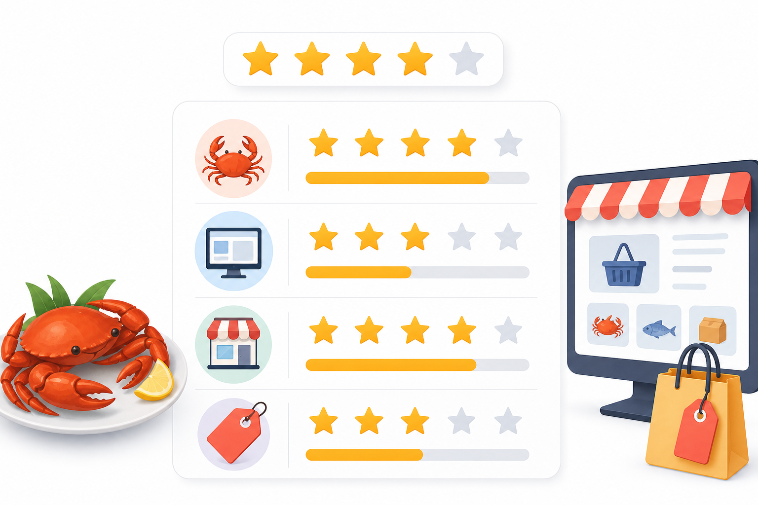 Professional infographic design showing a 5-star rating scale for an online store, visualizing score