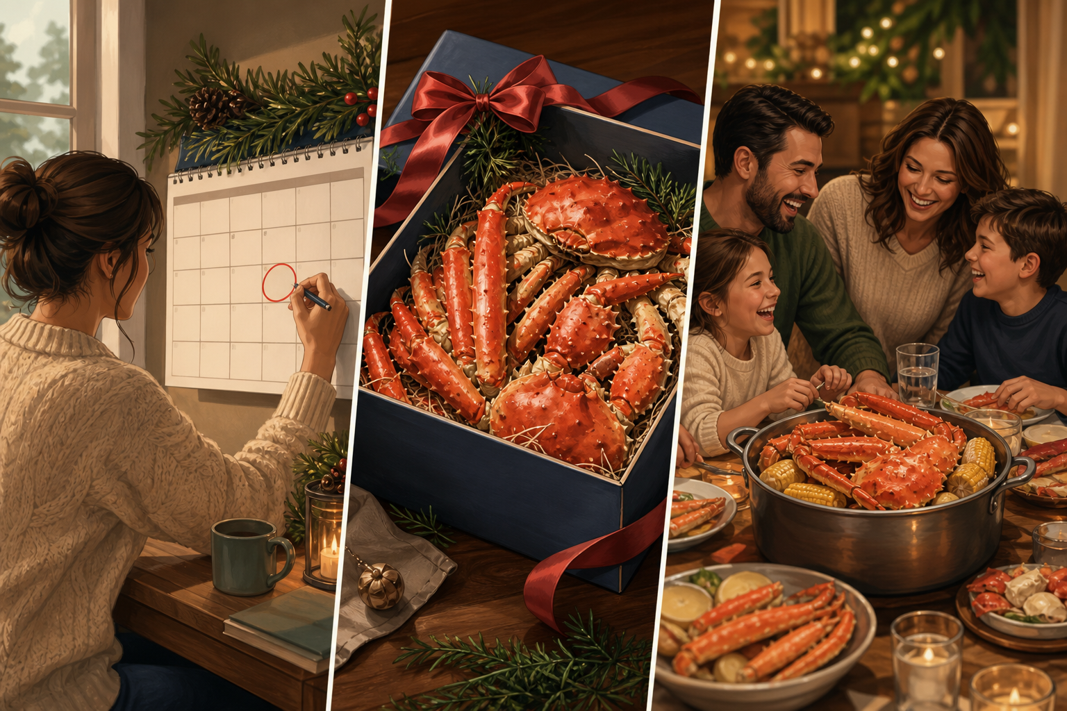 An illustrative guide showing a step-by-step preparation for a festive holiday order. First panel: A