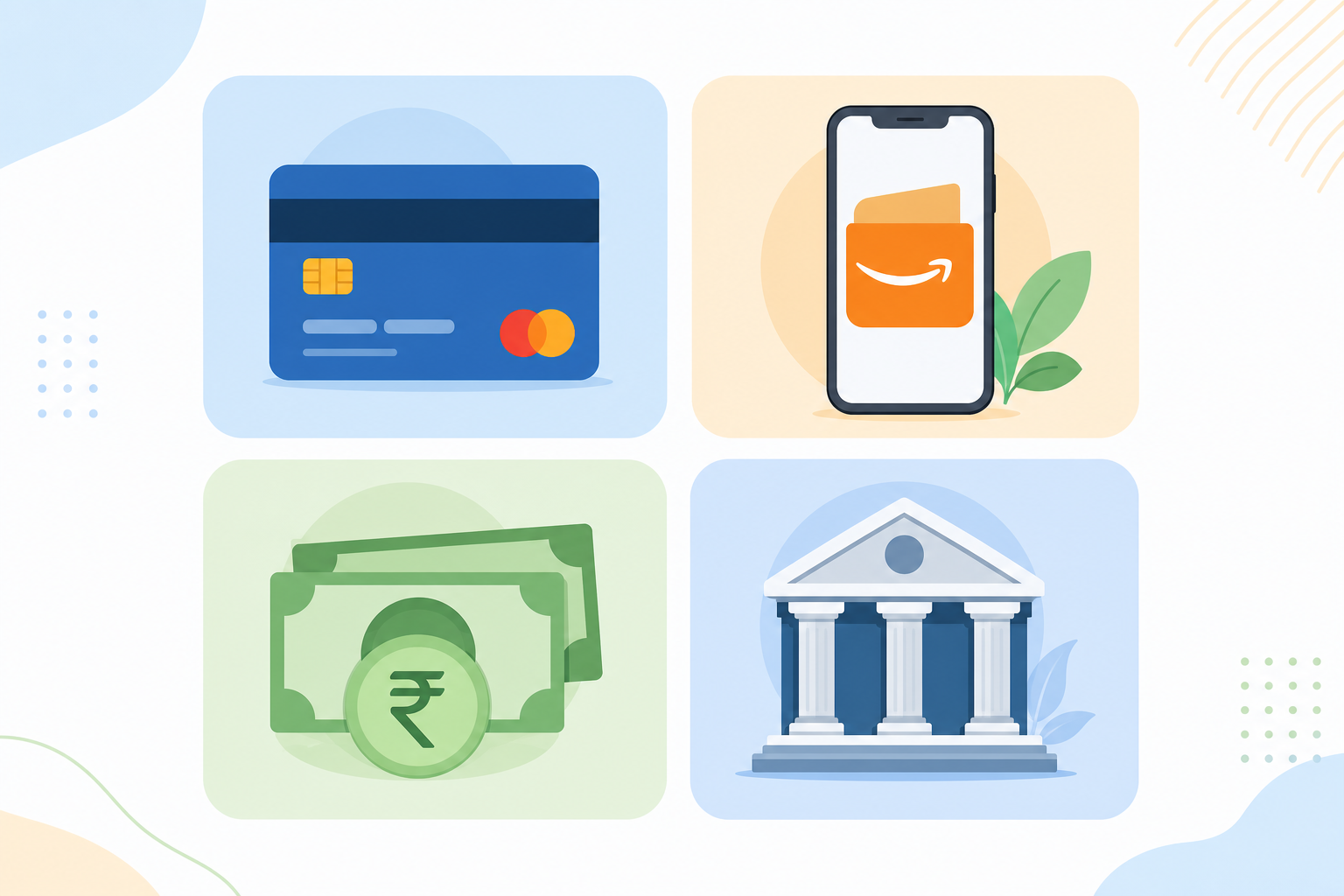 An infographic-style illustration showing four distinct icons representing payment methods: a credit