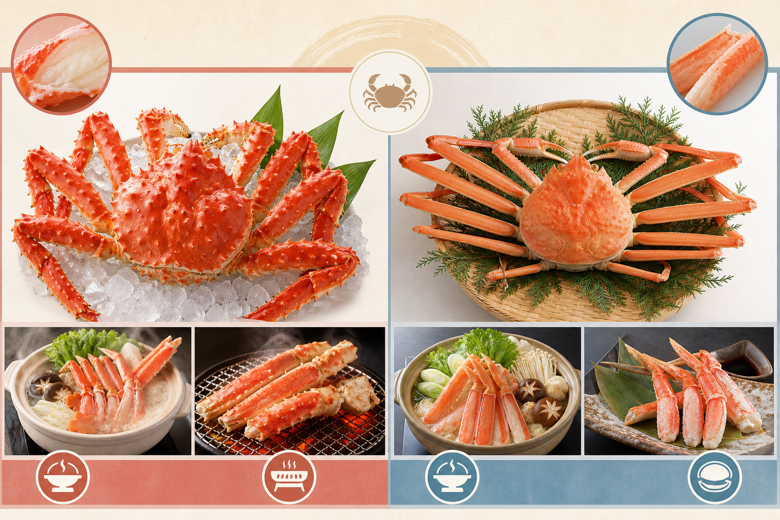 A comparison table-style illustration featuring two types of crabs: a large, meaty Taraba crab on on