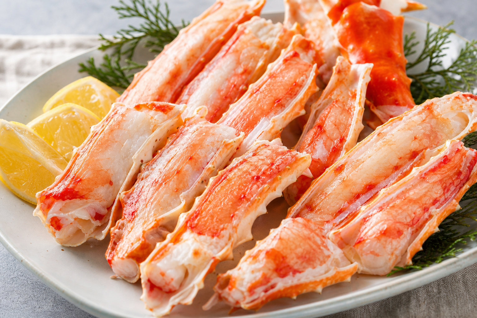 A close-up, mouth-watering photo of high-quality crab legs that are pre-shelled (half-shell) and rea