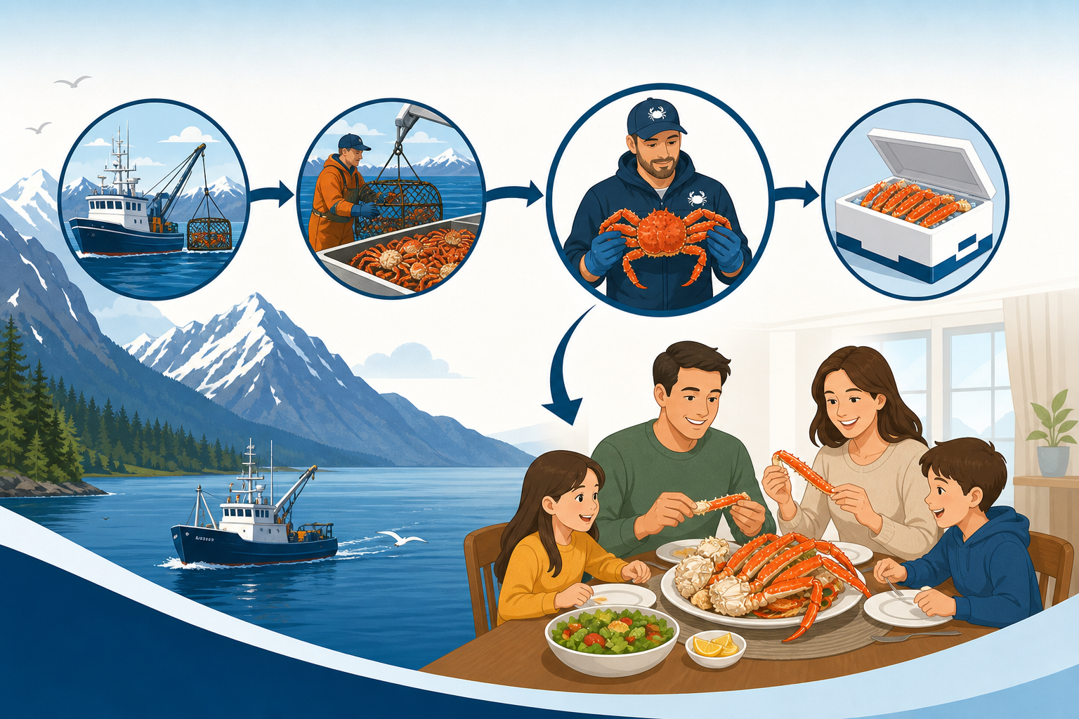 An infographic-style illustration showing the direct supply chain of crab: from Alaskan crab fishing