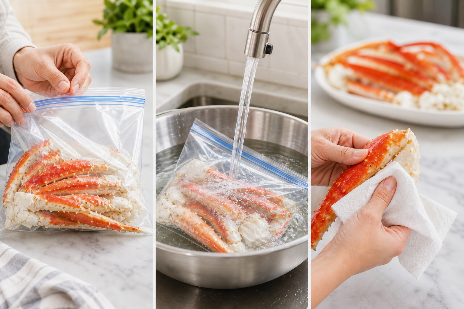 A step-by-step visual guide (three-panel layout) showing the proper thawing process for crab legs: 1