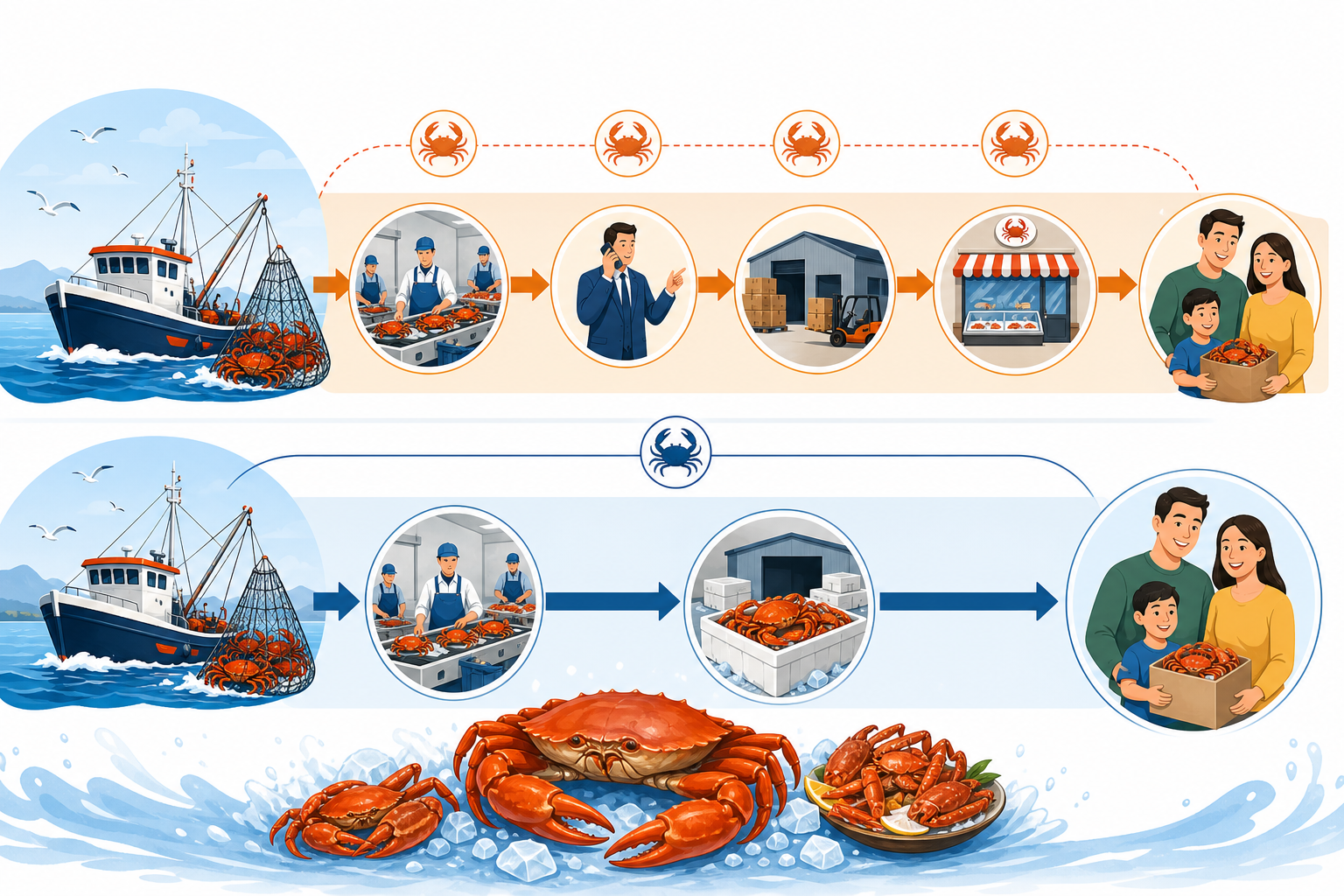 An infographic-style illustration showing the supply chain process of a crab retailer. A flow chart 