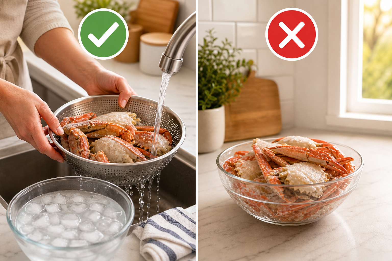 A side-by-side instructional comparison graphic for thawing frozen crab. Left side: 'Proper Method' 