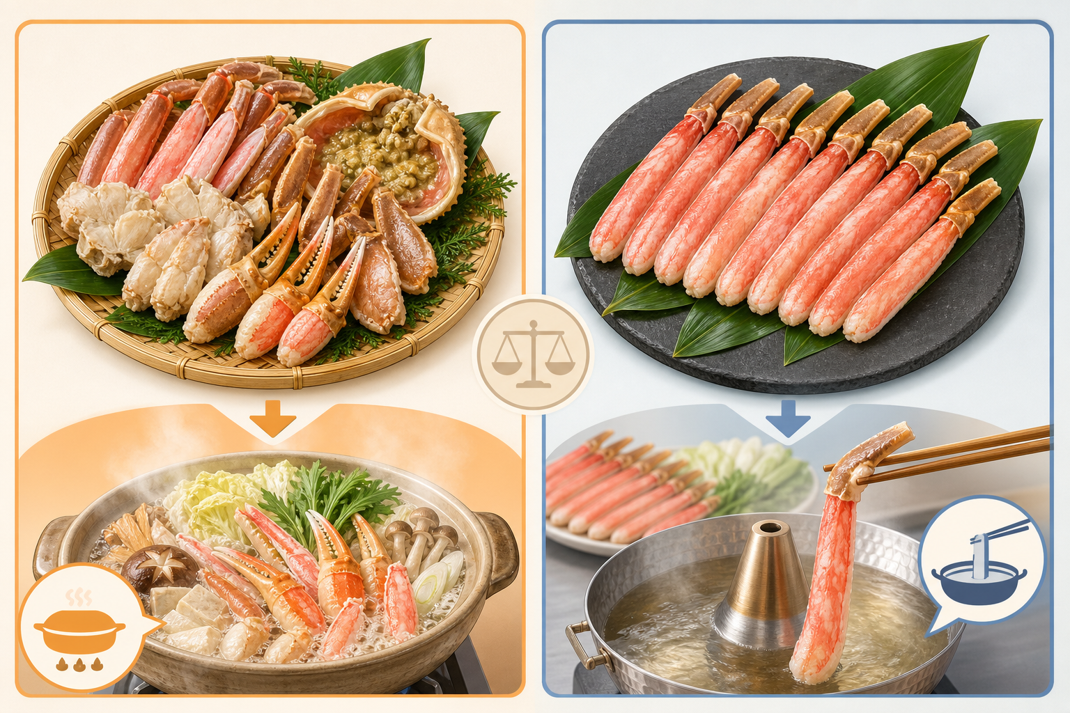 カニ鍋用の「むき身満足セット」と、カニしゃぶ用の「脚肉ポーション」を比較する図解。左側にセット内容(肩肉や爪含む)を並べた図と、右側に剥かれた脚肉だけが綺麗に並ぶポーションの図を並べ、それぞれの適した