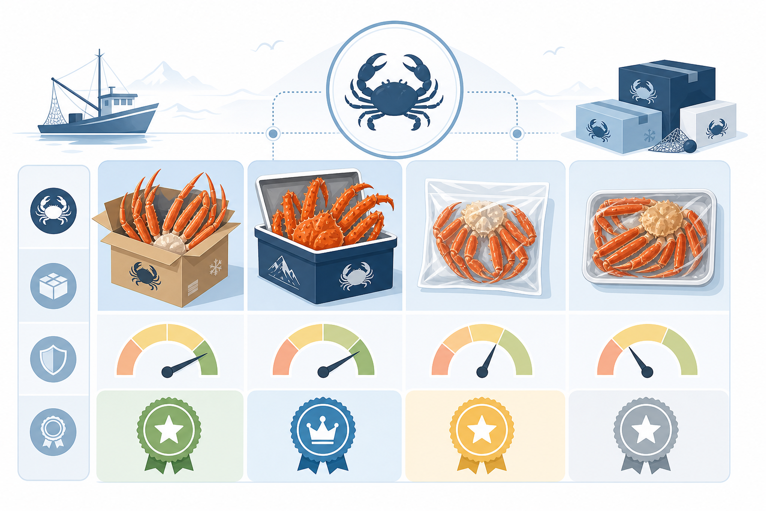 A clean, easy-to-read infographic style illustration showing a comparison of different crab packages