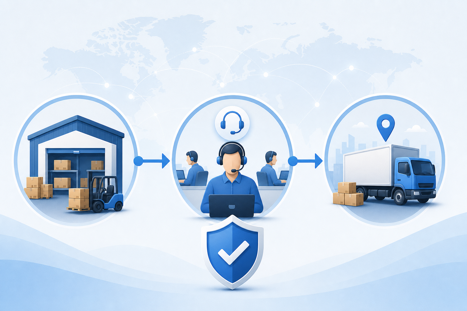 A professional infographic style image showing a trusted e-commerce operation flow. Icons representi