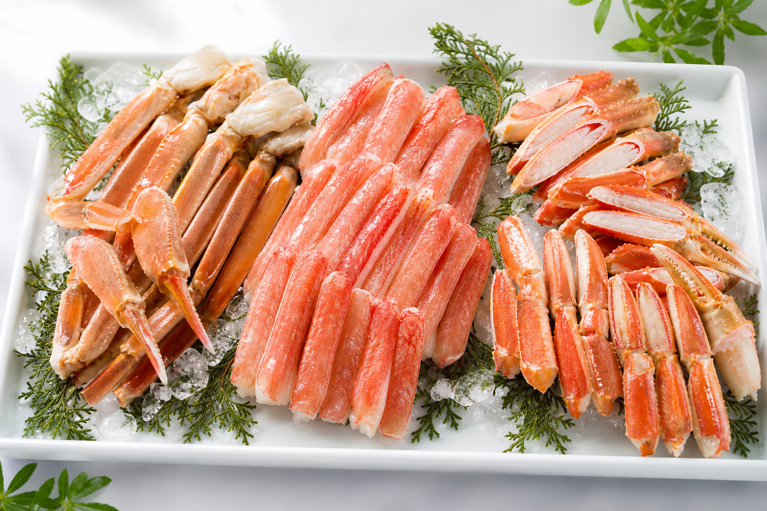 An appetizing food photography arrangement showing various grades of snow crab legs (zuwai-gani) on 