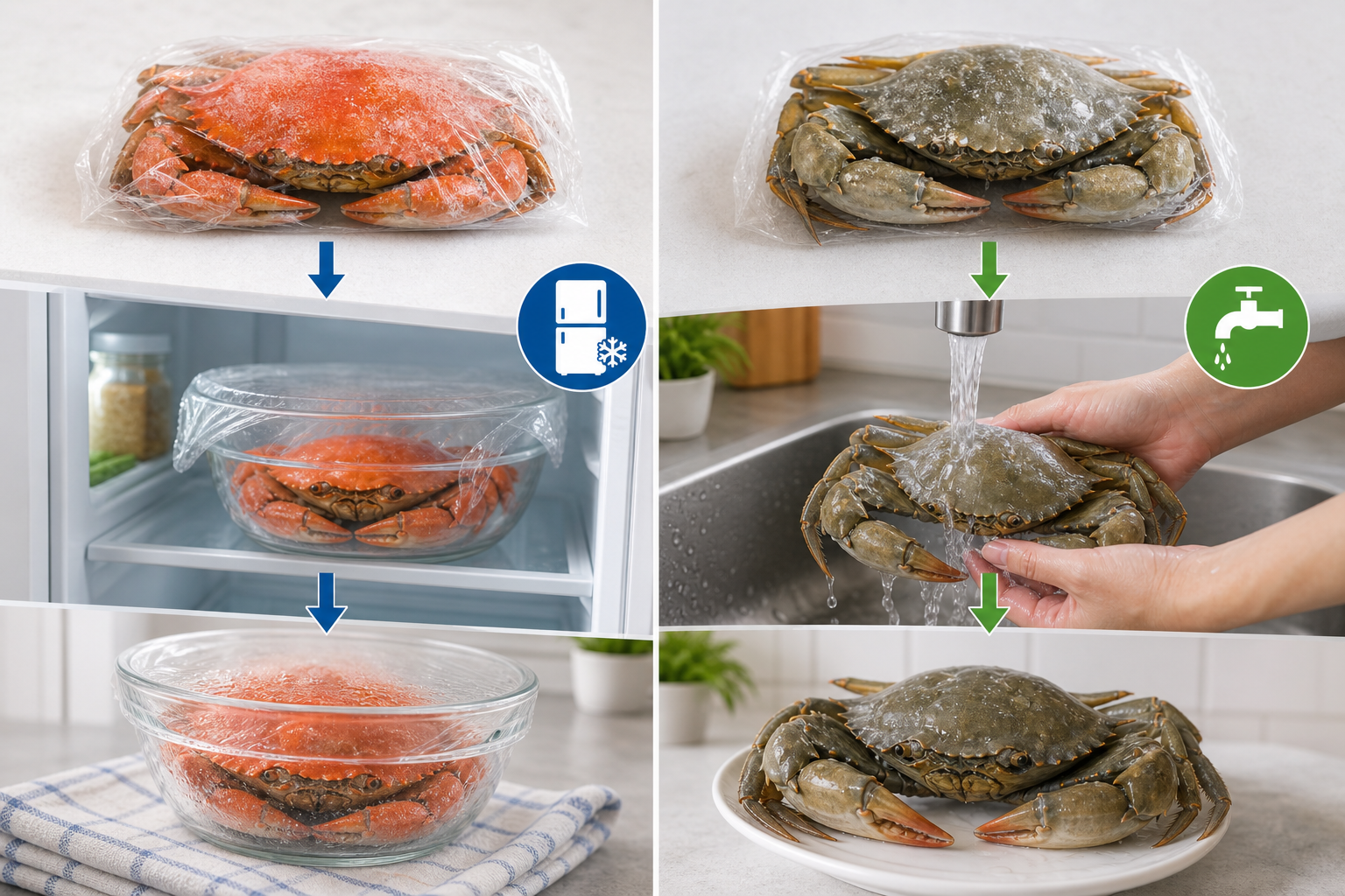 A side-by-side comparison illustration showing the correct thawing process for crab. Left side: 'Boi