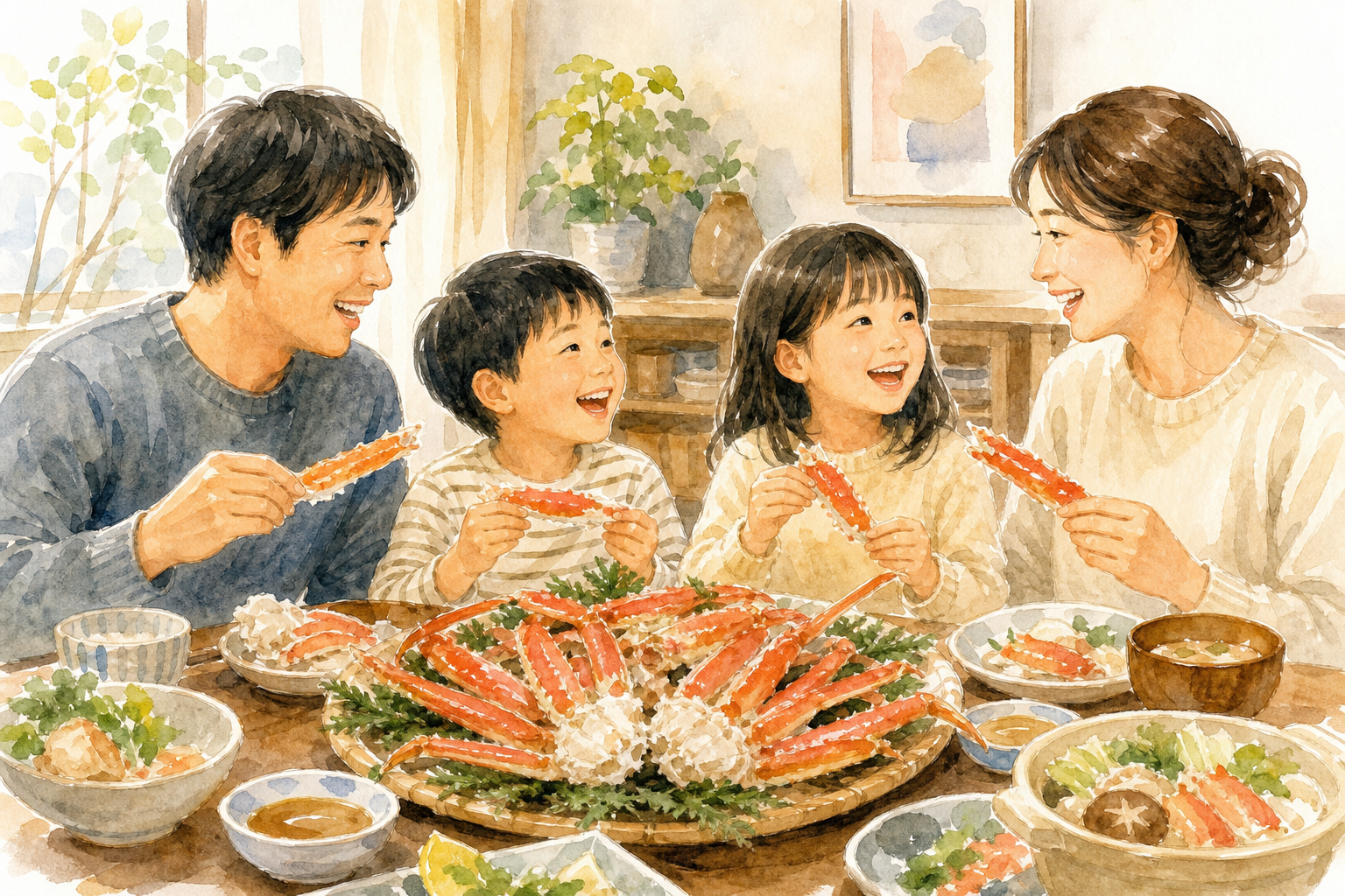 A warm and inviting illustration of a happy Japanese family sitting around a dining table, holding c