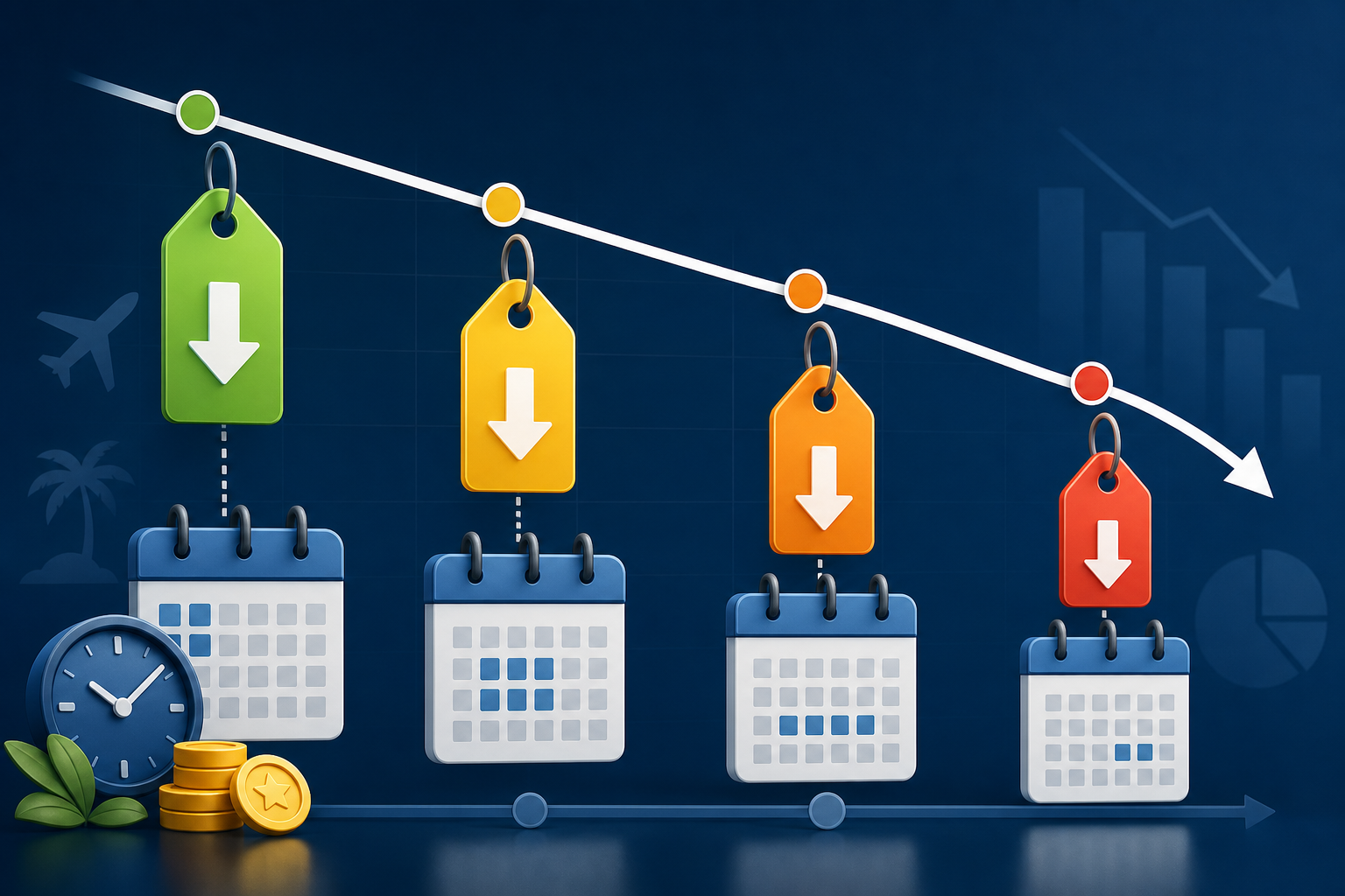 A professional and clear comparative chart illustration showing a calendar timeline with downward sl