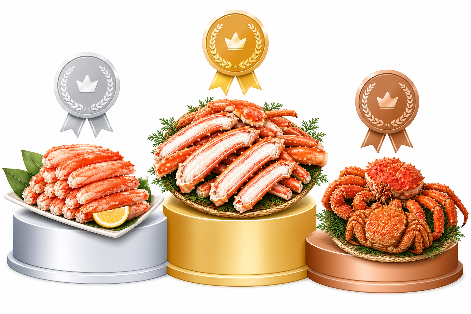 An infographic-style illustration showing a clear ranking chart of crab products. Top 3 items labele