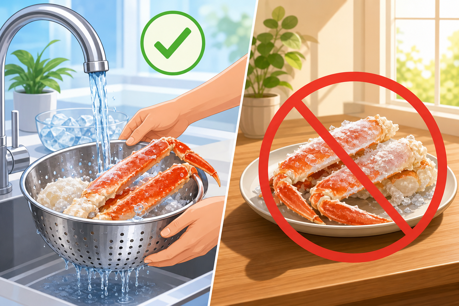 A helpful, friendly illustration showing the correct way to thaw frozen crab. A side-by-side compari