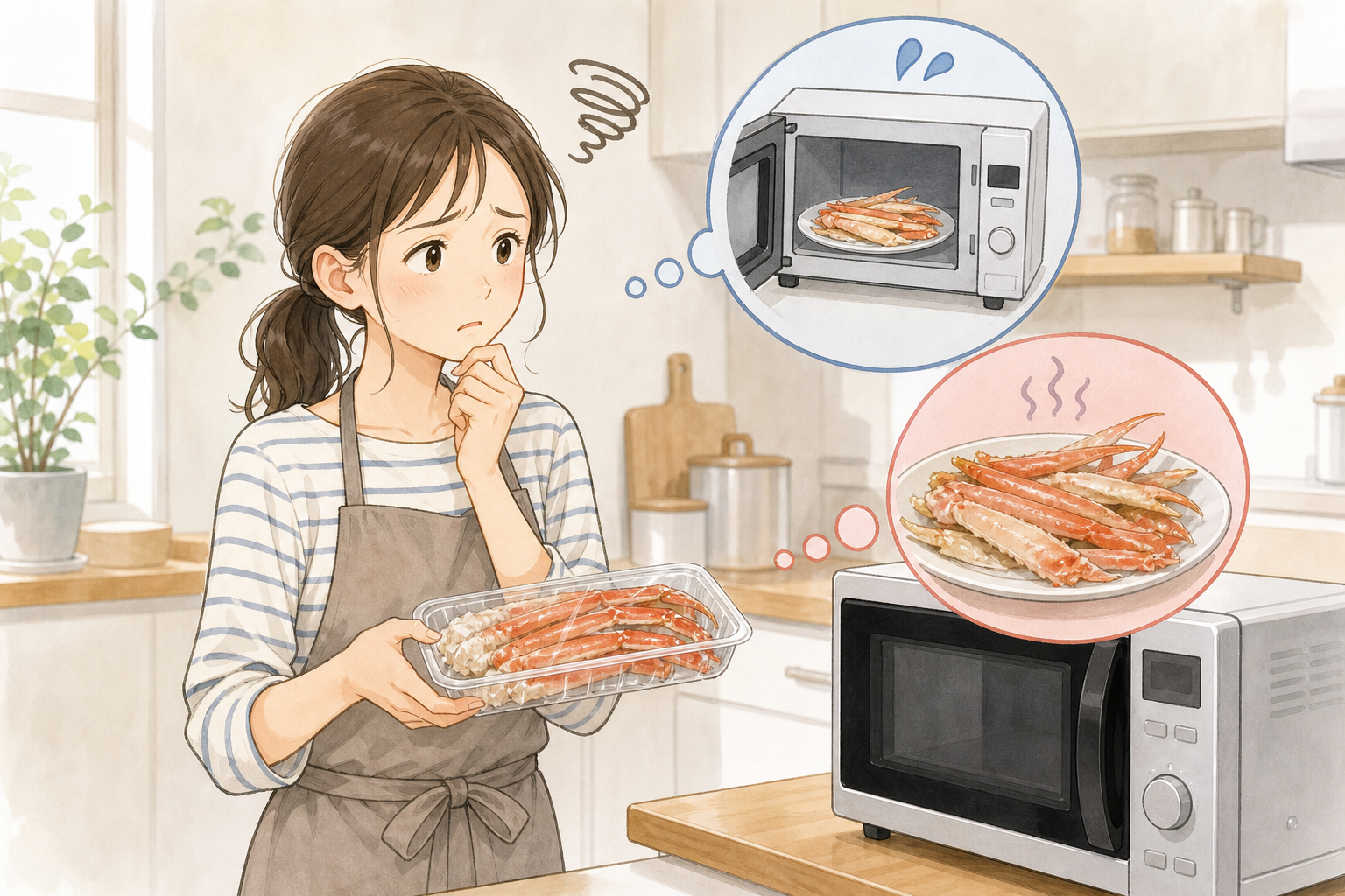 キッチンで困惑した表情の人物が、電子レンジの前でカニのパックを持って立っているイラスト。電子レンジや常温放置による「失敗」をイメージさせる、少し注意喚起を促すような柔らかなタッチのイラスト。背景は明る