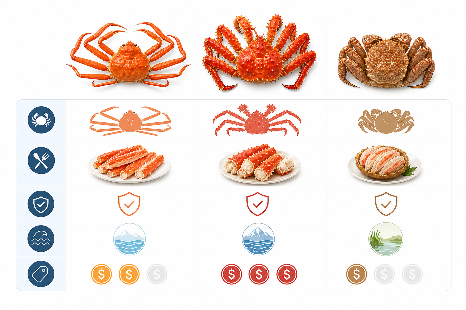 An informative infographic showing a comparison table of different crab types (Snow crab, King crab,