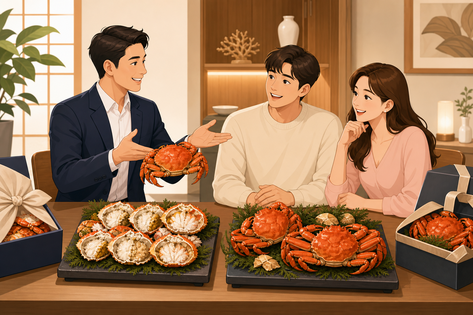 A friendly expert person explaining the differences between crab gift sets to a happy couple, illust