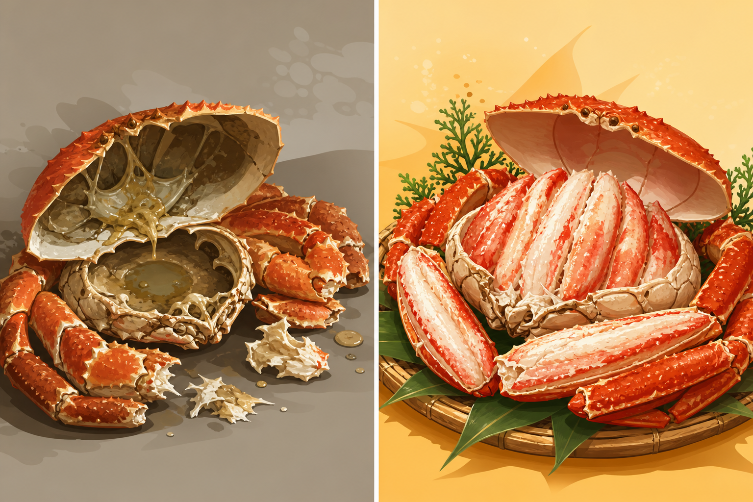 A professional split-screen comparison illustration. On one side, a 'Poor Quality' crab that is empt