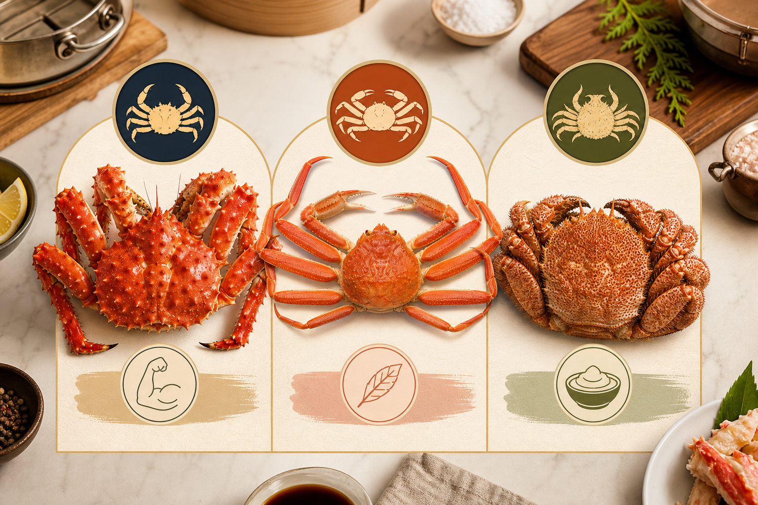 An elegant, well-organized infographic showing the three main types of crabs: Taraba (King Crab), Zu