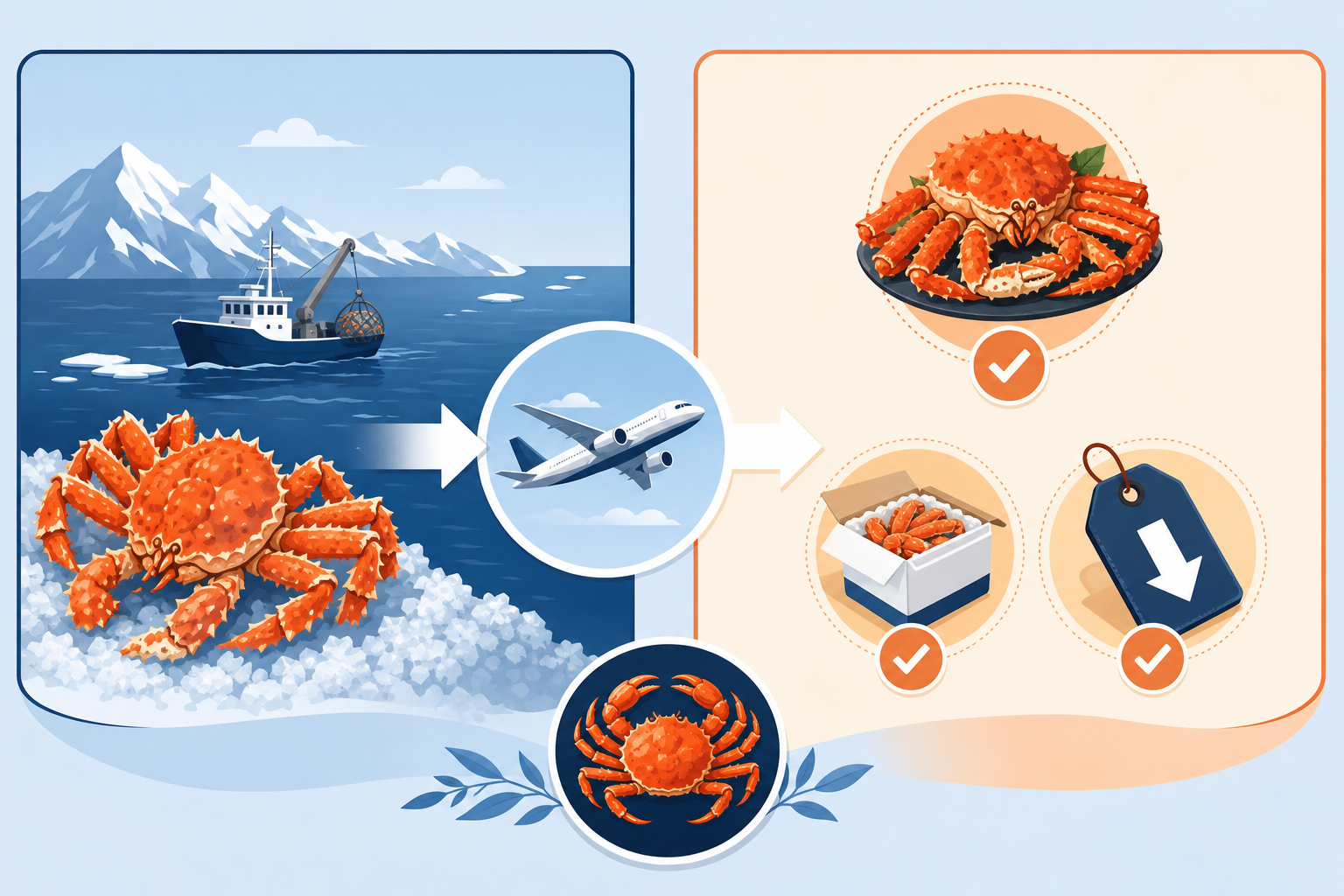 An informative infographic illustration explaining the value proposition of mail-order crab. A side-