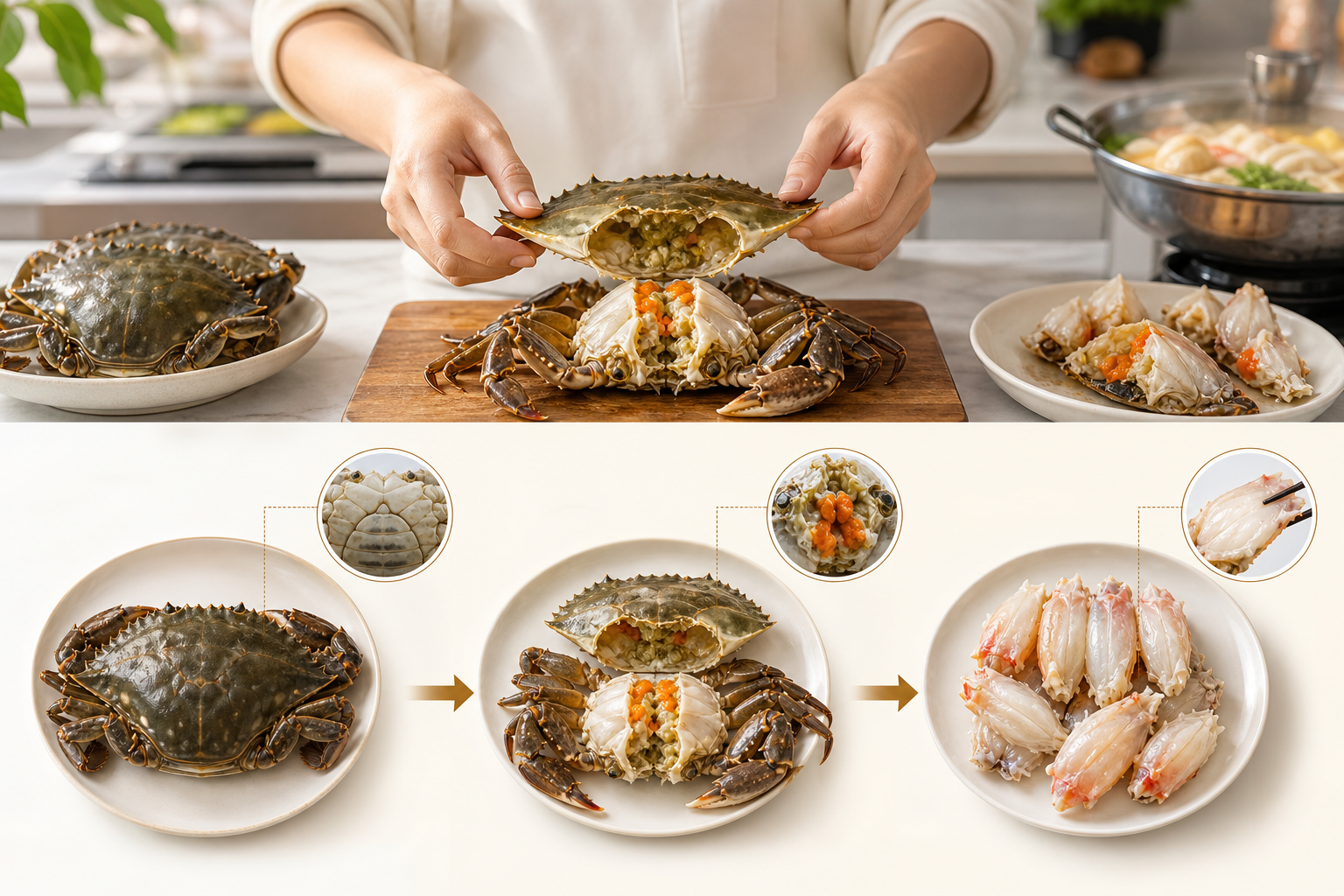 An informative infographic or illustrative guide showing the difference between 'whole crab', 'half-