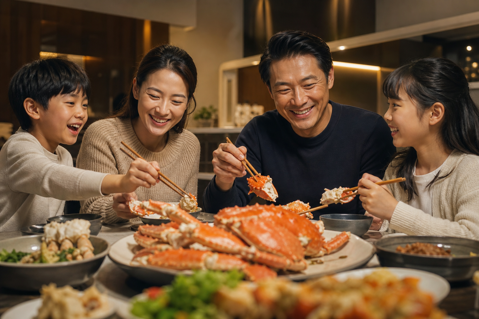 A warm and happy family setting around a dinner table at home, enjoying a meal of high-quality crab.
