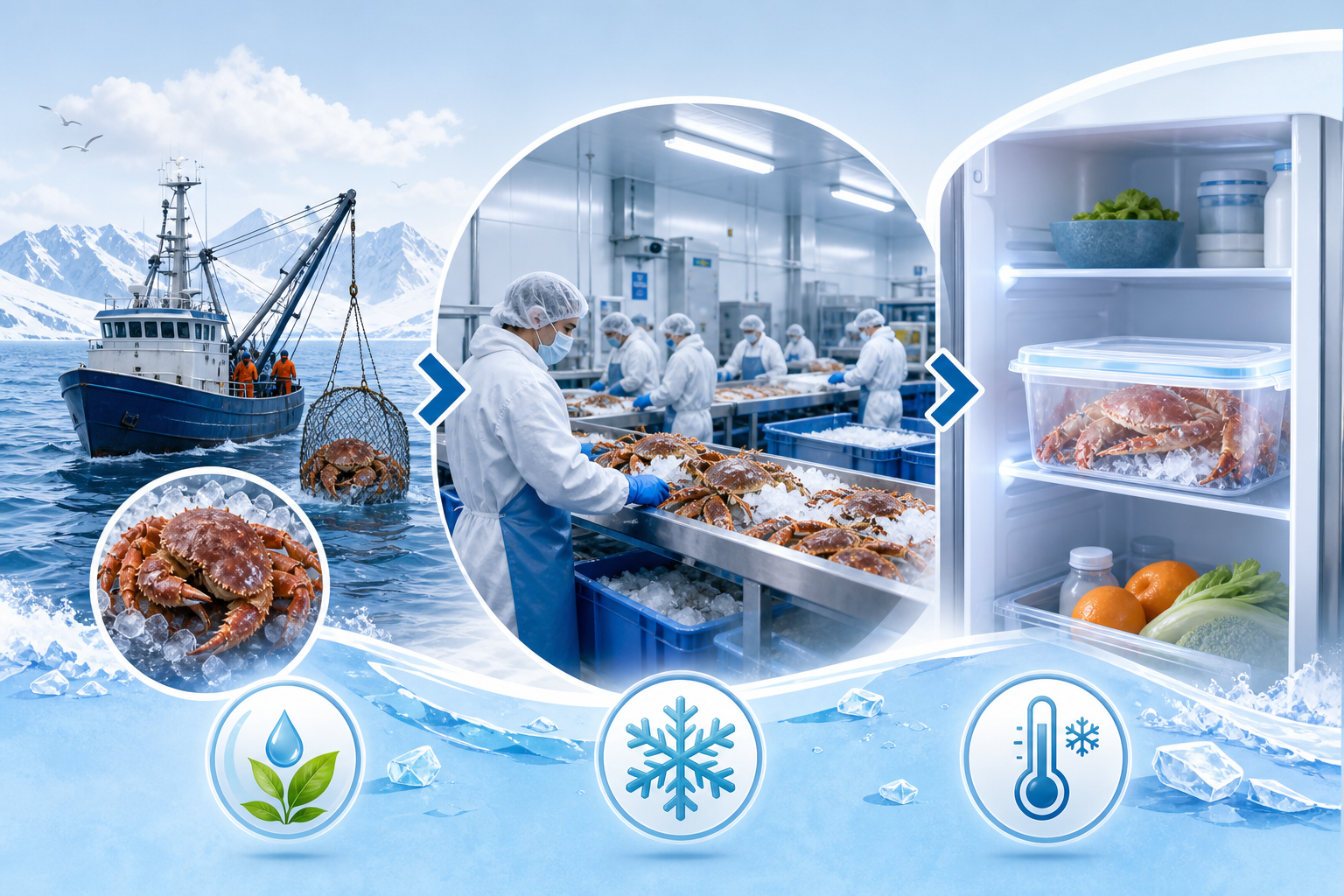 An educational infographic showing the supply chain process of crab: from a fishing boat in cold nor