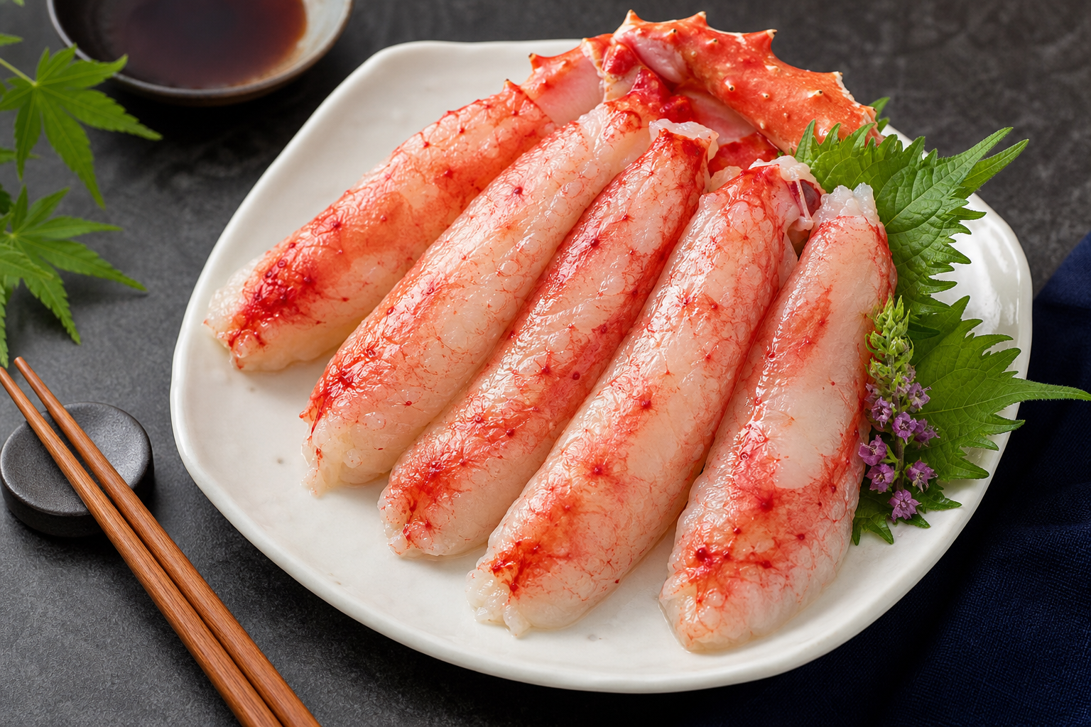A visually appealing, high-angle close-up shot of raw king crab meat portions (mukimi) neatly arrang