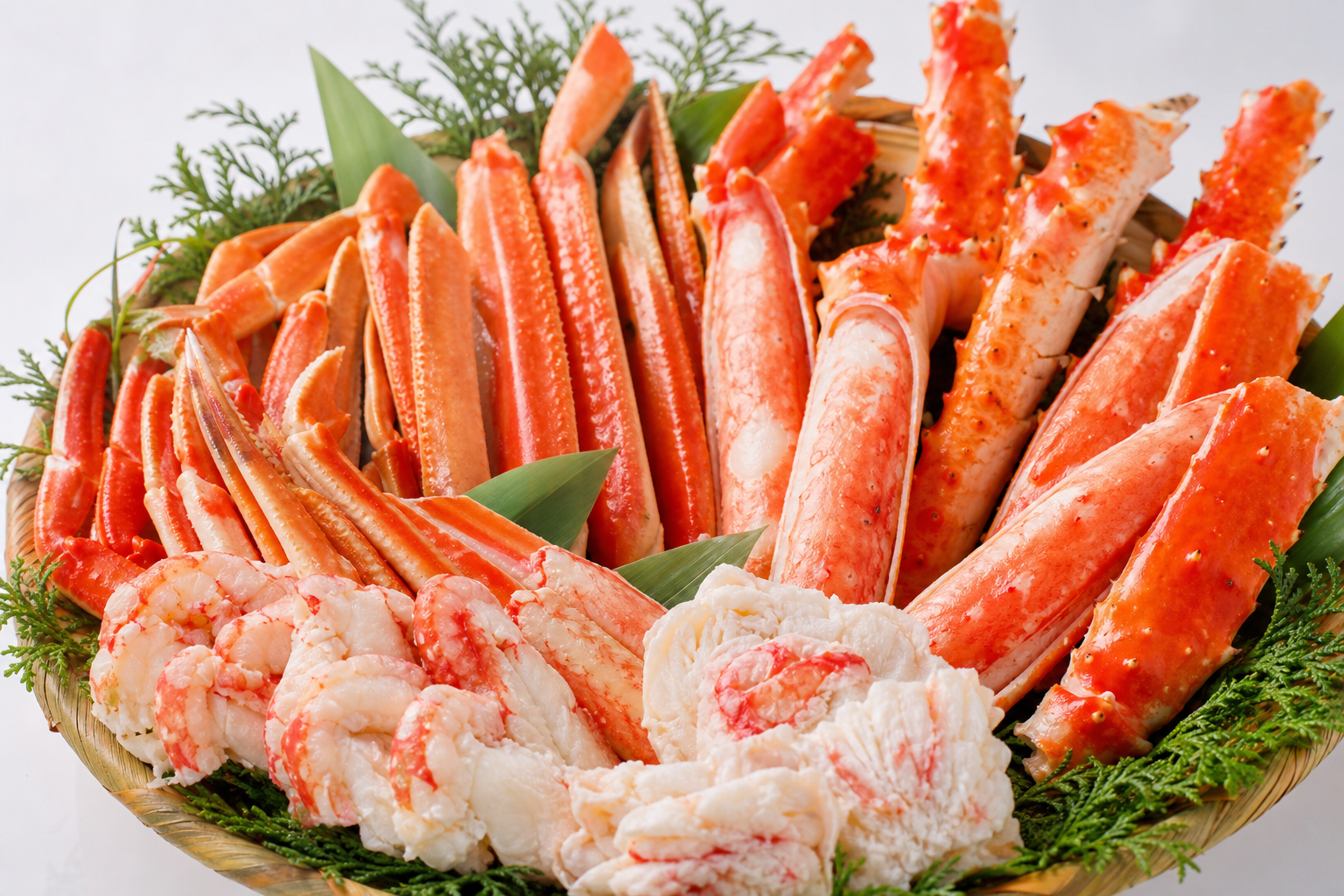 A high-quality, close-up shot of a variety of premium crab products: large snow crab legs (zuwaigani