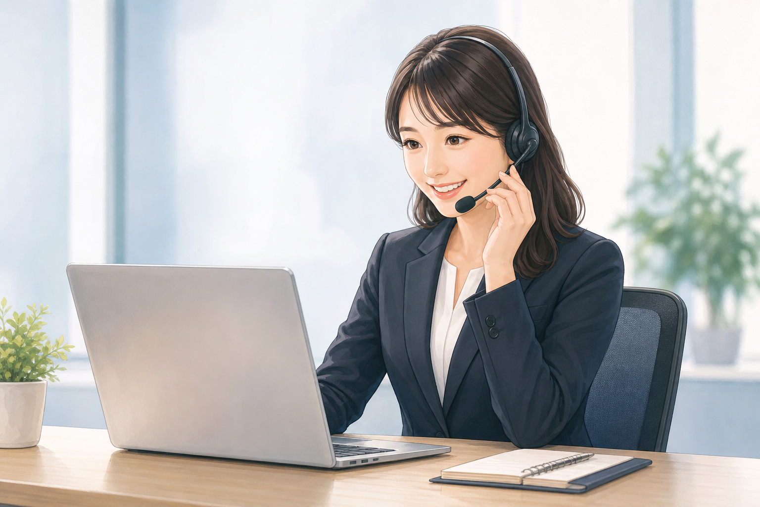 ビジネスライクな服装をした落ち着いた雰囲気の女性オペレーターが、ヘッドセットを装着して笑顔で電話対応をしている様子。デスクの上にはパソコンとメモ帳が置かれ、カスタマーサポートの親切で信頼できる印象を与