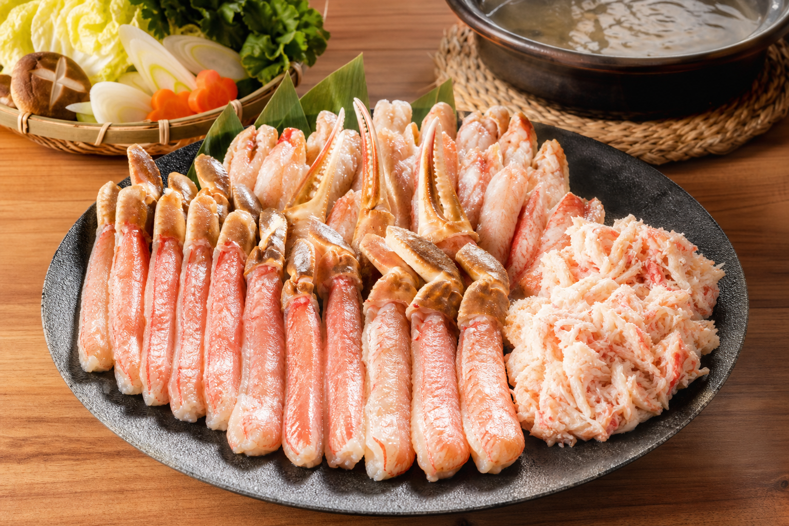 木製のテーブルの上に、鍋料理用に丁寧にカットされたカニのむき身セットが美しく並べられている様子。カニの部位（脚肉、爪肉、肩肉）の違いが視覚的にわかるような、鮮度感のあるシズル写真。読者が美味しさを想像
