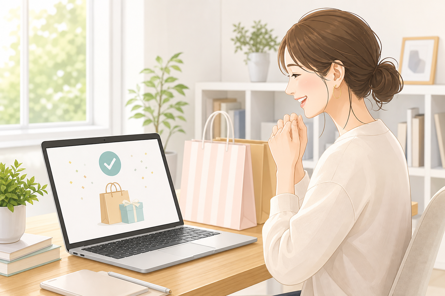パソコンの前で安心してネットショッピングを楽しんでいる30代の女性のイメージ。画面には信頼感のあるオンラインショップの注文完了ページが映っており、明るく清潔感のある室内で、トラブルのないスムーズな取引