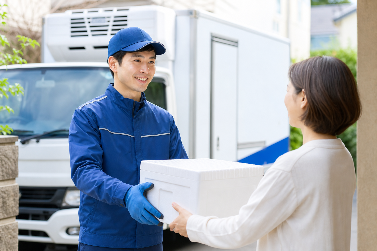 大手宅配業者の制服を着た配達員が、丁寧に冷凍便の箱を顧客に手渡している様子。背景にはクール便の配送トラックが停まっており、温度管理が徹底された信頼性の高い物流インフラを強調したクリーンで誠実な雰囲気の