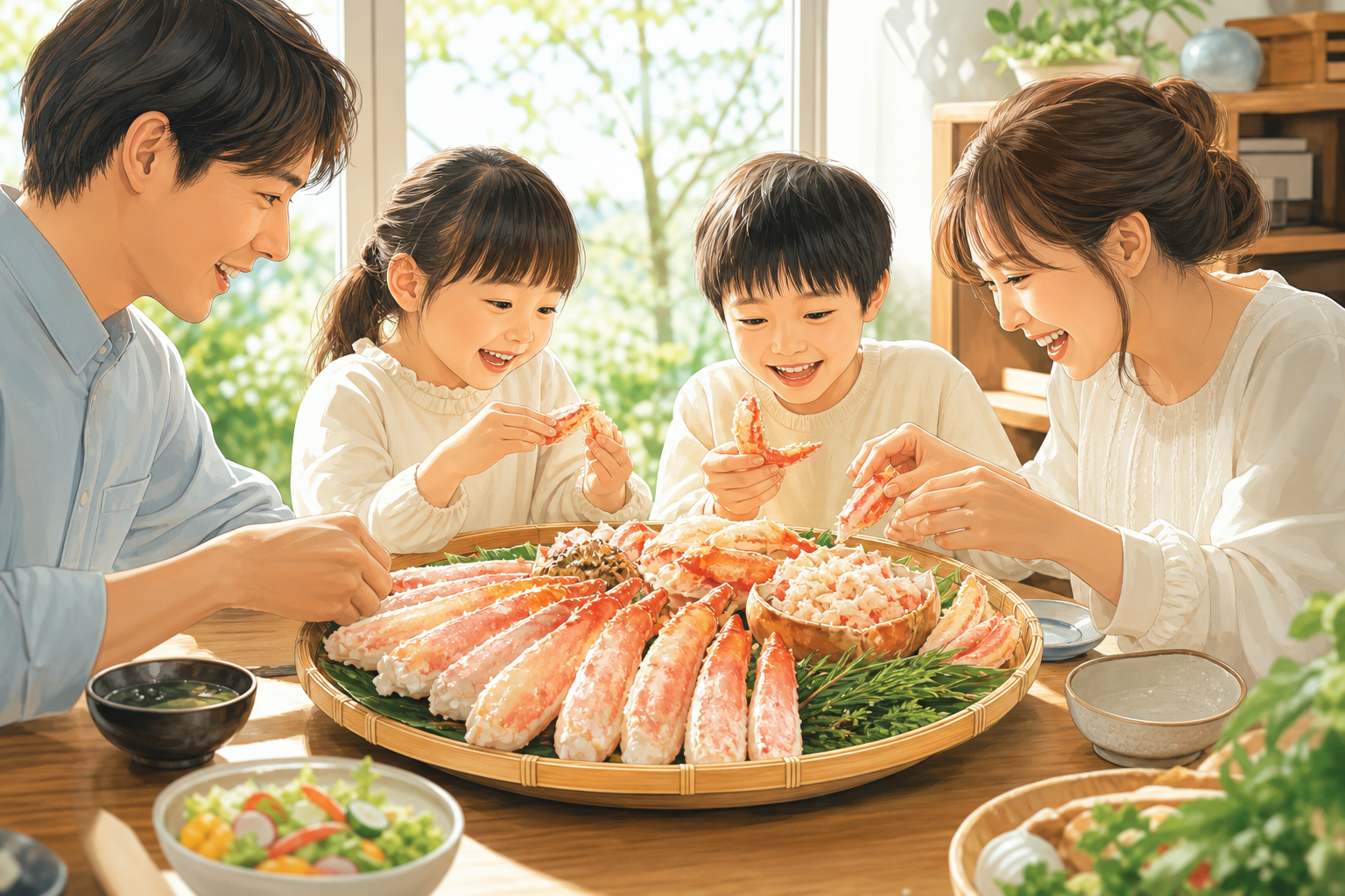 木製のダイニングテーブルに並べられた、殻をむいて食べやすく加工されたカニの半むき身セット。解凍したての輝くようなカニの身と、それを取り囲む家族の楽しそうな様子を、自然光で明るく撮影したような温かみのあ