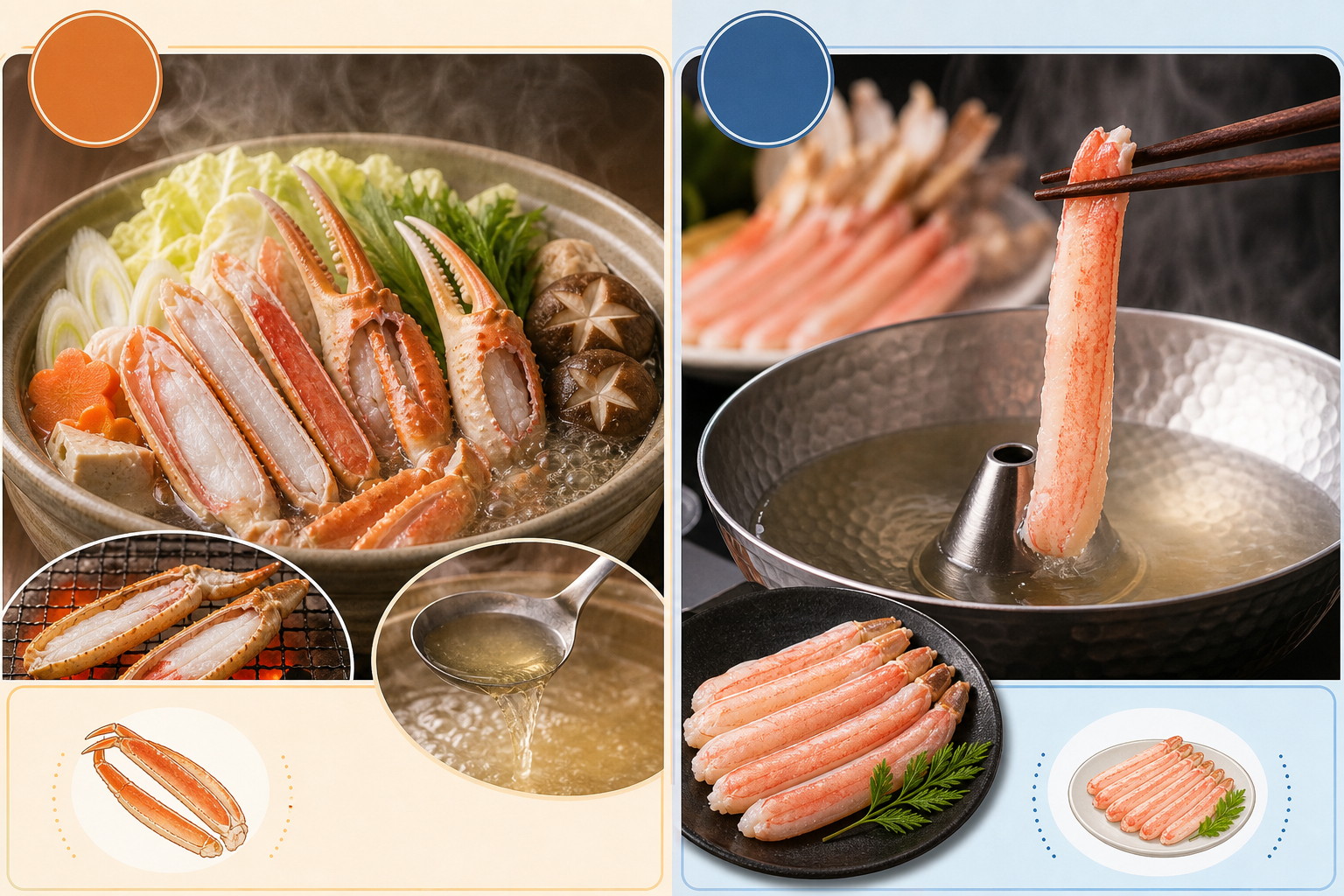 左右で比較を表示する図解。左側に「半むき身：カニ鍋や焼きガニに最適（殻から良い出汁が出る）」、右側に「完全むき身：かにしゃぶに最適（殻ゴミが出ず食べやすい）」というテキストと、それぞれの調理イメージを