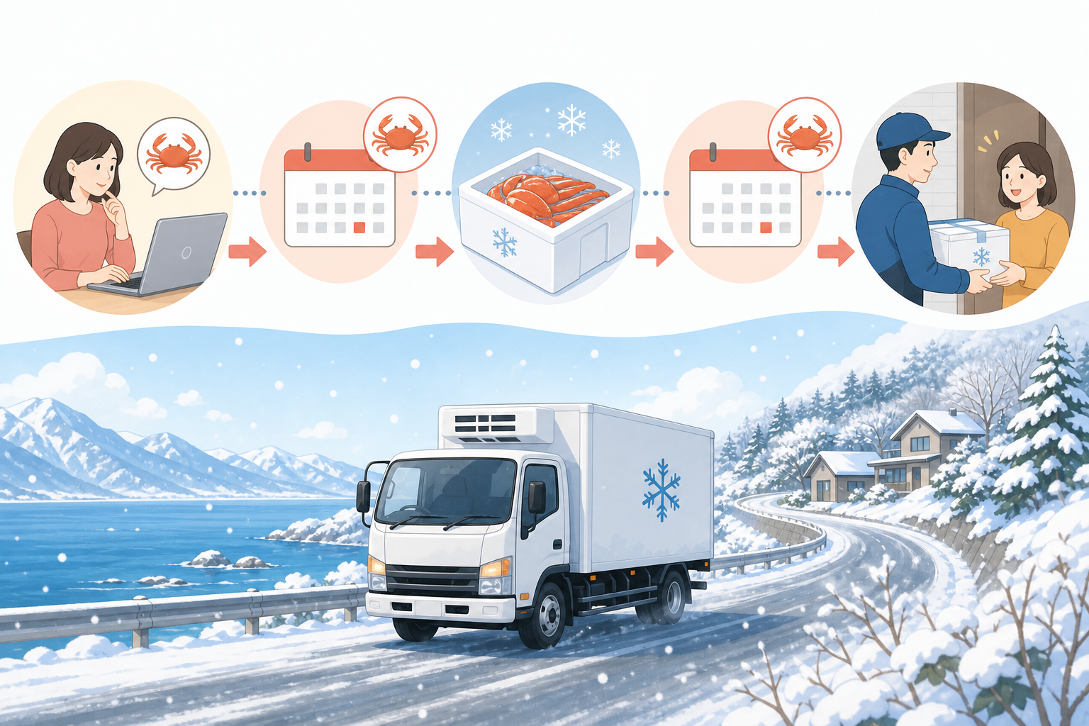 カニ通販の発送から到着までの流れを説明するインフォグラフィック風のイラスト。注文日を起点として、カレンダーのアイコンが3日から10日へ進む様子と、物流トラックが雪の積もる冬の道を安全に運んでいる様子を