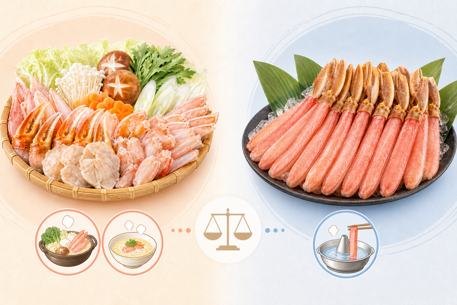 「むき身満足セット」と「脚肉ポーション」を視覚的に比較する図解。左側には肩肉や爪を含む盛りだくさんのカニ鍋セット、右側には綺麗に揃った脚肉だけのポーションを配置し、それぞれの料理用途(鍋・雑炊 vs